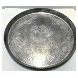 Vintage Hand Wrought Aluminum Tray, Etched Glass Server, and Embroidered Linens Set Vintage Hand Wrought Aluminum Tray, Etched Glass Server, and Embroidered Linens Set