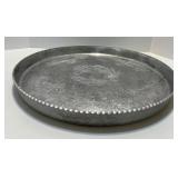 Vintage Hand Wrought Aluminum Tray, Etched Glass Server, and Embroidered Linens Set Vintage Hand Wrought Aluminum Tray, Etched Glass Server, and Embroidered Linens Set