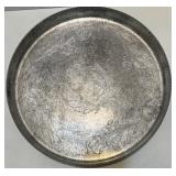 Vintage Hand Wrought Aluminum Tray, Etched Glass Server, and Embroidered Linens Set Vintage Hand Wrought Aluminum Tray, Etched Glass Server, and Embroidered Linens Set