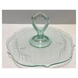 Vintage Hand Wrought Aluminum Tray, Etched Glass Server, and Embroidered Linens Set Vintage Hand Wrought Aluminum Tray, Etched Glass Server, and Embroidered Linens Set