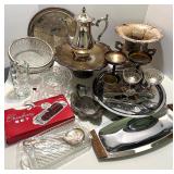 Vintage Mixed Lot of Silverplate Trays, Glassware, and Serving Pieces Vintage Mixed Lot of Silverplate Trays, Glassware, and Serving Pieces