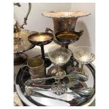 Vintage Mixed Lot of Silverplate Trays, Glassware, and Serving Pieces Vintage Mixed Lot of Silverplate Trays, Glassware, and Serving Pieces