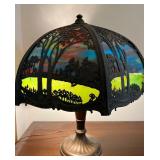 Antique Slag Glass Panel Table Lamp with Scenic Metal Overlay Antique Slag Glass Panel Table Lamp with Scenic Metal Overlay
