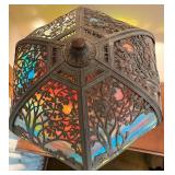 Antique Slag Glass Panel Table Lamp with Scenic Metal Overlay Antique Slag Glass Panel Table Lamp with Scenic Metal Overlay