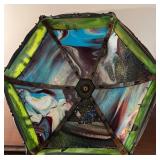 Antique Slag Glass Panel Table Lamp with Scenic Metal Overlay Antique Slag Glass Panel Table Lamp with Scenic Metal Overlay
