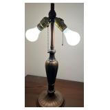 Antique Slag Glass Panel Table Lamp with Scenic Metal Overlay Antique Slag Glass Panel Table Lamp with Scenic Metal Overlay