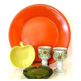 Vintage Mid Century Orange Plate, Apple-Shaped Dish, Glass Ashtray, Pair of Ceramic Chalices Vintage Mid Century Orange Plate, Apple-Shaped Dish, Glass Ashtray, Pair of Ceramic Chalices