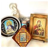 Home Decor Lot - White Abstract Statue, Religious Platter, Framed Icon Home Decor Lot - White Abstract Statue, Religious Platter, Framed Icon