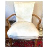 Vintage Cream Metal Tole Floor Lamp and White Upholstered Wood Armchair Vintage Cream Metal Tole Floor Lamp and White Upholstered Wood Armchair