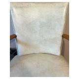 Vintage Cream Metal Tole Floor Lamp and White Upholstered Wood Armchair Vintage Cream Metal Tole Floor Lamp and White Upholstered Wood Armchair