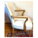 Vintage Cream Metal Tole Floor Lamp and White Upholstered Wood Armchair Vintage Cream Metal Tole Floor Lamp and White Upholstered Wood Armchair