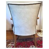 Vintage Cream Metal Tole Floor Lamp and White Upholstered Wood Armchair Vintage Cream Metal Tole Floor Lamp and White Upholstered Wood Armchair