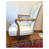 Vintage Cream Metal Tole Floor Lamp and White Upholstered Wood Armchair Vintage Cream Metal Tole Floor Lamp and White Upholstered Wood Armchair