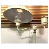Vintage Cream Metal Tole Floor Lamp and White Upholstered Wood Armchair Vintage Cream Metal Tole Floor Lamp and White Upholstered Wood Armchair