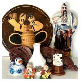 Assorted Collectibles Lot: Folk Art, Figurines, Carvings, and Decor Assorted Collectibles Lot: Folk Art, Figurines, Carvings, and Decor