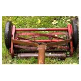 Vintage Craftsman Reel Lawn Mower, Wood Outdoor Lounger, and Metal Snow Shovel Vintage Craftsman Reel Lawn Mower, Wood Outdoor Lounger, and Metal Snow Shovel