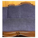 Antique Carved Wood Sofa with Purple Upholstery Antique Carved Wood Sofa with Purple Upholstery