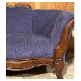 Antique Carved Wood Sofa with Purple Upholstery Antique Carved Wood Sofa with Purple Upholstery