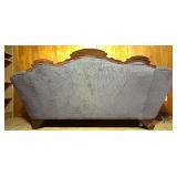 Antique Carved Wood Sofa with Purple Upholstery Antique Carved Wood Sofa with Purple Upholstery