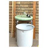 Mixed Vintage Utility Lot: Stools, Rulers, Enamel Bucket, Clamp Lamp Mixed Vintage Utility Lot: Stools, Rulers, Enamel Bucket, Clamp Lamp