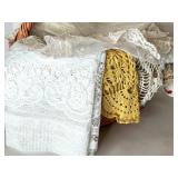 Vintage Lace Doilies and Table Linens Collection in Wicker Basket Vintage Lace Doilies and Table Linens Collection in Wicker Basket