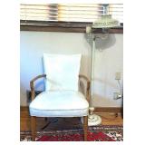 Vintage Cream Metal Tole Floor Lamp and White Upholstered Wood Armchair Vintage Cream Metal Tole Floor Lamp and White Upholstered Wood Armchair