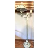 Vintage Cream Metal Tole Floor Lamp and White Upholstered Wood Armchair Vintage Cream Metal Tole Floor Lamp and White Upholstered Wood Armchair