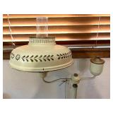 Vintage Cream Metal Tole Floor Lamp and White Upholstered Wood Armchair Vintage Cream Metal Tole Floor Lamp and White Upholstered Wood Armchair