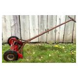 Vintage Craftsman Reel Lawn Mower, Wood Outdoor Lounger, and Metal Snow Shovel Vintage Craftsman Reel Lawn Mower, Wood Outdoor Lounger, and Metal Snow Shovel