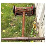 Vintage Craftsman Reel Lawn Mower, Wood Outdoor Lounger, and Metal Snow Shovel Vintage Craftsman Reel Lawn Mower, Wood Outdoor Lounger, and Metal Snow Shovel