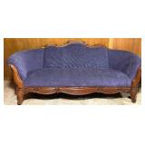 Antique Carved Wood Sofa with Purple Upholstery Antique Carved Wood Sofa with Purple Upholstery