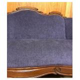 Antique Carved Wood Sofa with Purple Upholstery Antique Carved Wood Sofa with Purple Upholstery