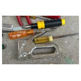 Hand tool lot with Hammers, Screwdrivers, Pliers, Stapler, and Hardware Hand tool lot with Hammers, Screwdrivers, Pliers, Stapler, and Hardware
