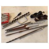 Hand Tools Including Planes, Auger Bits, and Woodworking Accessories