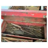 Red Metal Toolbox with Assorted Hand Tools
