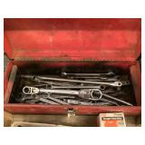 Red Metal Tool Box with Assorted Wrenches and Ratchets