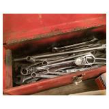 Red Metal Tool Box with Assorted Wrenches and Ratchets