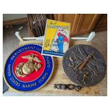 Assorted Decor Items, US Marine Plaque, Dragonfly Temp Guage with Clock, Frog Coat Hanger, Handyman Sign