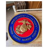 Assorted Decor Items, US Marine Plaque, Dragonfly Temp Guage with Clock, Frog Coat Hanger, Handyman Sign