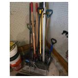 Assorted Shovels, Broom, Post Hole Diggers and Extendable Roof Snow Remover