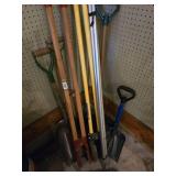 Assorted Shovels, Broom, Post Hole Diggers and Extendable Roof Snow Remover