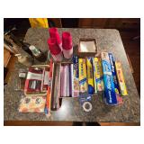 Assorted Kitchen Items, Food Wrap and Storage, Napkin and Cup Holder Etc.