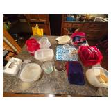 Assorted Storage Containers, Small Serving Dishes, Electric Mixer, Etc.