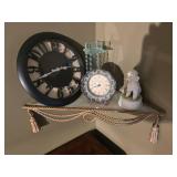 Corner Shelf and Contents, (2) Clocks and Decor