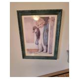 Misc. Items on Wall, (2) Shelfs, Picture and Old Dolls Sign