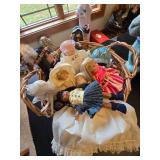 Assorted Miniature Dolls in Basket and Easter Rabbit