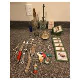 Assorted Home Decor Items and Vintage Bottle Openers