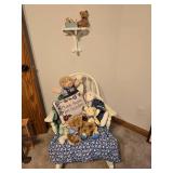 Rocking Chair with Assorted Stuffed Animals, Wall Shelf with Contents