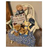 Rocking Chair with Assorted Stuffed Animals, Wall Shelf with Contents