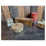Antique Tin Canister Lot, Log Cabin Syrup, Hostess Fruit Cake, and Others